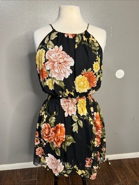 Storm Black Halter Mini Dress with Yellow & Peach Floral Print